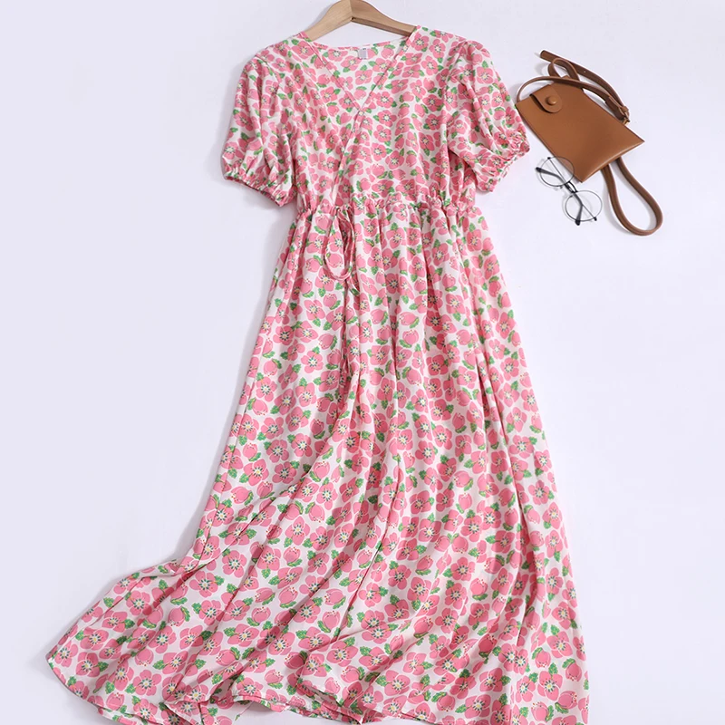 

Korean Drawstring Slim Vestido V Neck Fragmented Flowers Age Reducing Robe Femme Vintage French Sweet 2023 Summer Chic Dresses