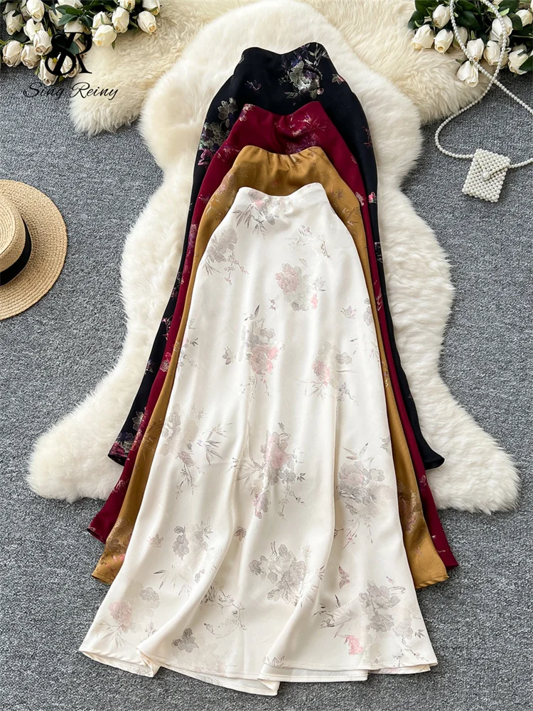 SINGREINY Senior Women Long Skirt Floral Gold Stamping Zipper Design Summer France Elegant Vintage Basics Satin A Line Skirt 1