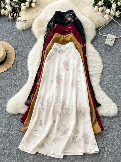 SINGREINY Senior Women Long Skirt Floral Gold Stamping Zipper Design Summer France Elegant Vintage Basics Satin A Line Skirt 1