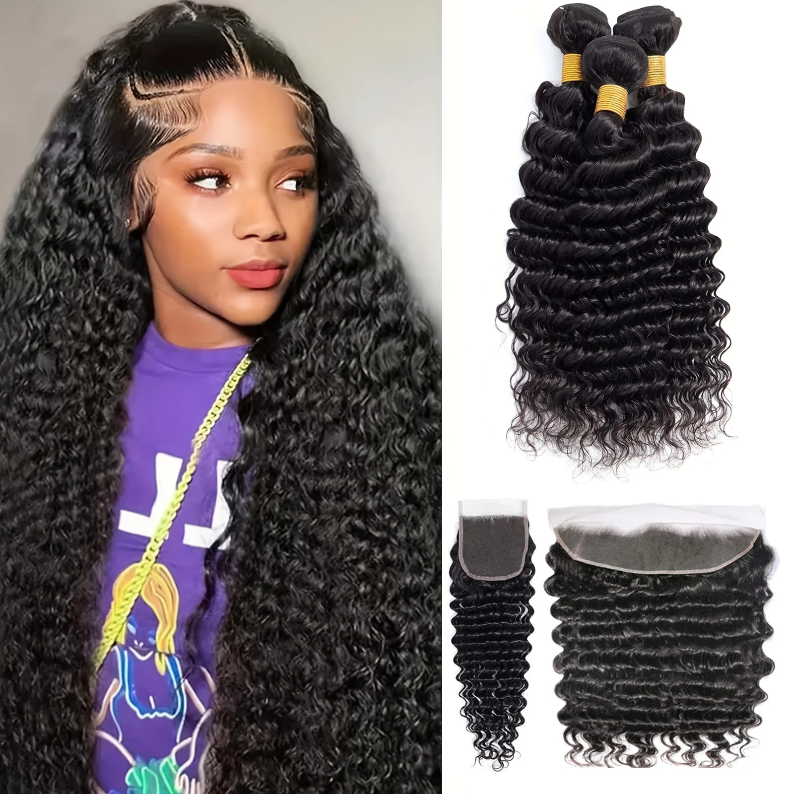 Deep Wave Bundles With Closure 12A Brazilian Bundles Human Hair With 4x4 Lace Closure 100% Human Hair Extensions 13x4 13x6 1