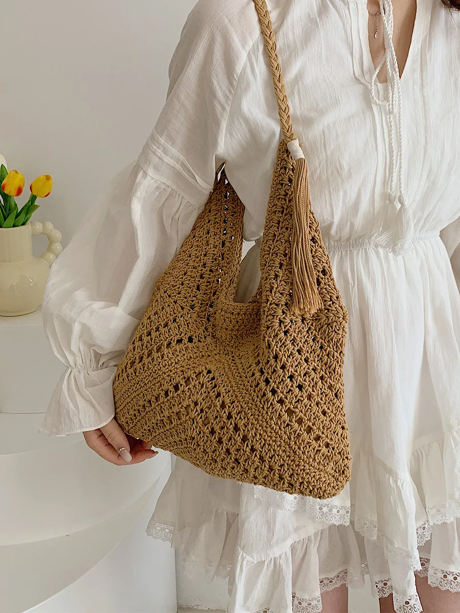 Luxury Design Woven Tote Bags Summer Casual Large Capacity Handbag Fashion Hollow Beach Drawstring Shoulder Top-handle Bag Purse