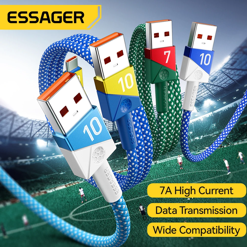 ESSAGER 100W 7A USB Type C Cable For Huawei 88W Super Fast Charging Wire Football Team Colors Cord For Xiaomi 15 Samsung Oneplus