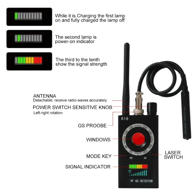 1MHz-6.5GHz K18 Anti RF Detector Camera Wireless Bug Detect GSM Listening Device Finder Radio Scanner