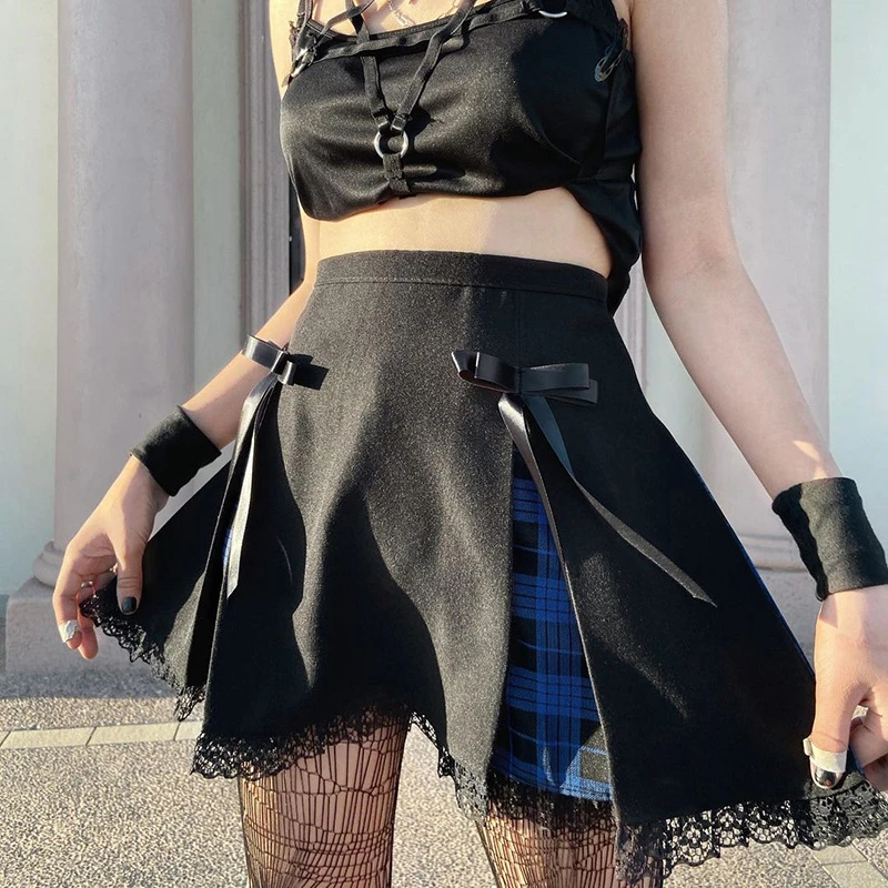 Dark College Style Lace Contrast Color Lace Skirt European and American Students Personality Skirt Women's Clothing ruffle skirt