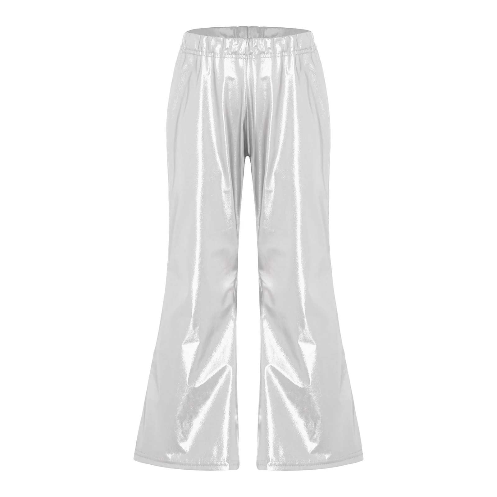 Mid Waist Flared Pants Elastic Waistband Metallic Shiny Bell-Bottomed Pants Trousers for Kids Boys Girls Dance Stage Performance