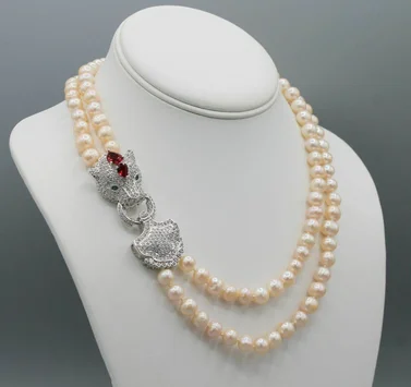 

Hand-made micro inlaid zircon leopard head accessories 8-9mm pink freshwater pearl necklace17-18"