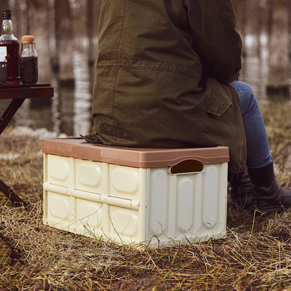 

Large Capacity Car Trunk Organizer Foldable Stackable Food Container Box With Wooden Lid For Camping Fishing Picnic Bbq Outdoor
