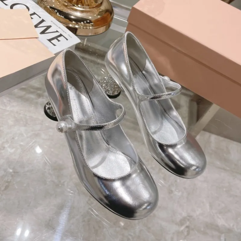 

French Marilyn Women's Shoes 2023 Spring New Round Toe Retro Single Shoes Black Crystal Heels High Heels