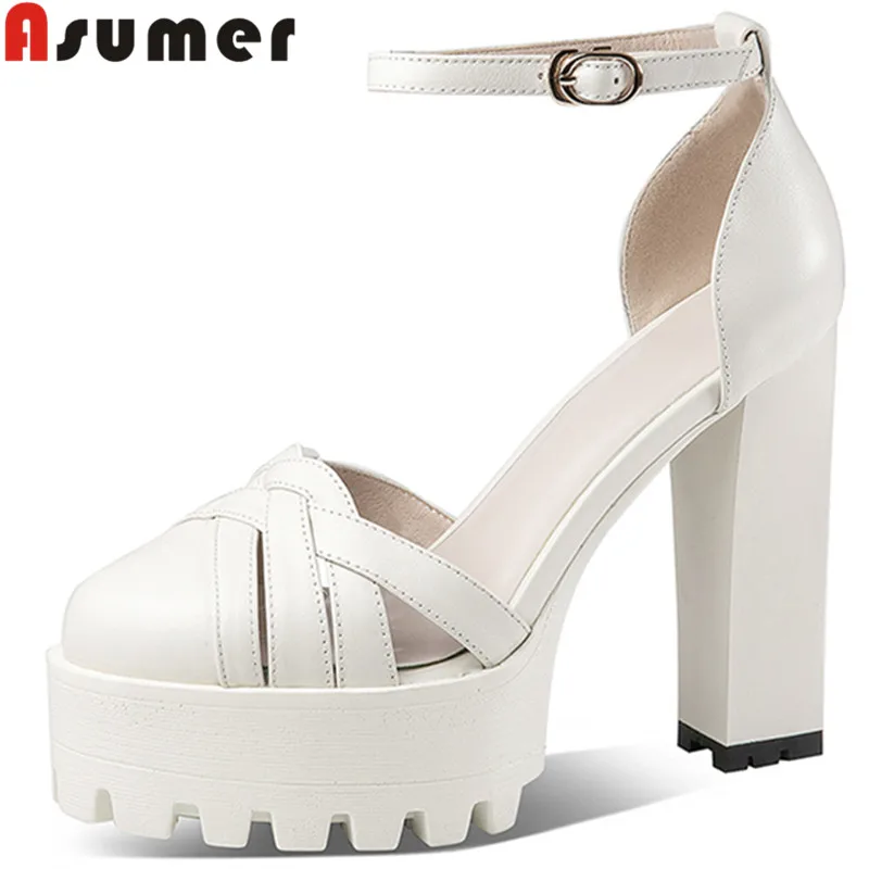 

ASUMER 2022 New Genuine Leather Platform Women Sandals Extreme High Heels Shoes Summer Buckle Strap Ladies Solid Dress Shoes