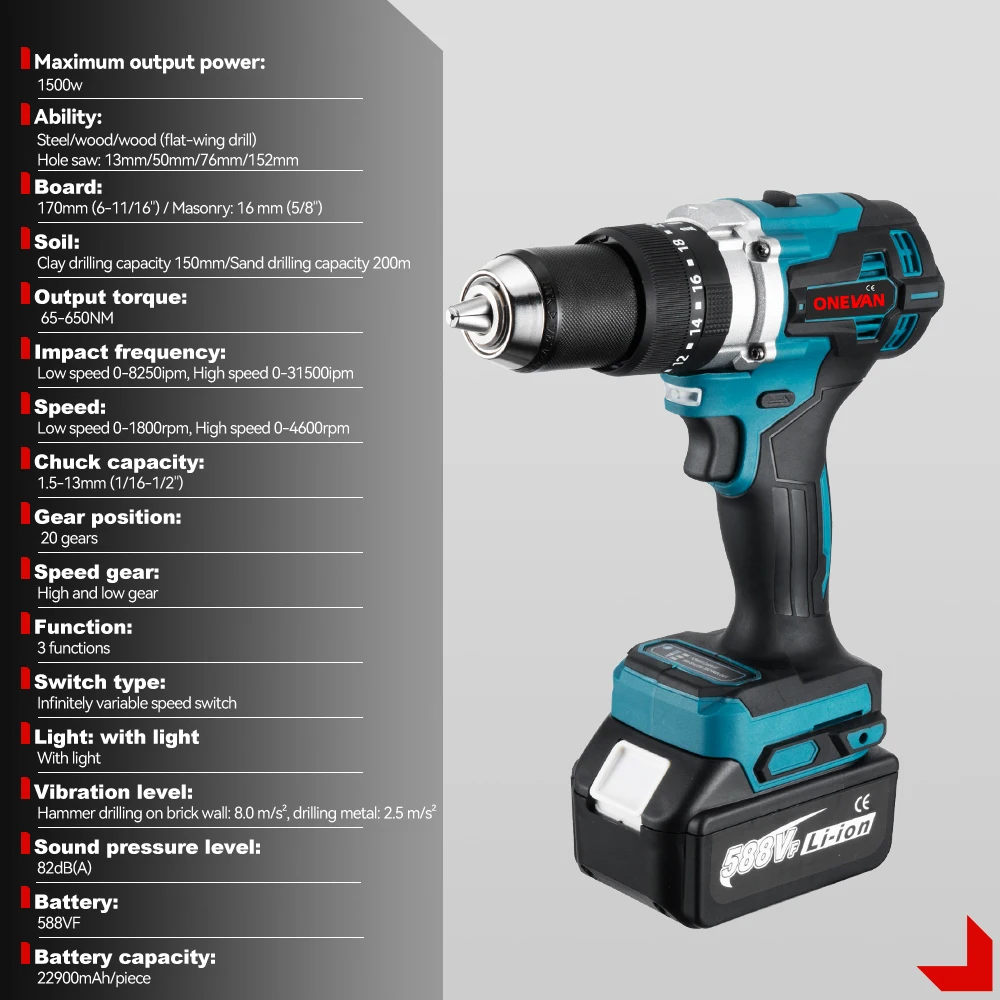 ONEVAN 13MM 650NM Brushless Electric Impact Drill Cordless Screwdriver Drill Li-Ion Batteries Power Tool For makita 18v battery - Image 6