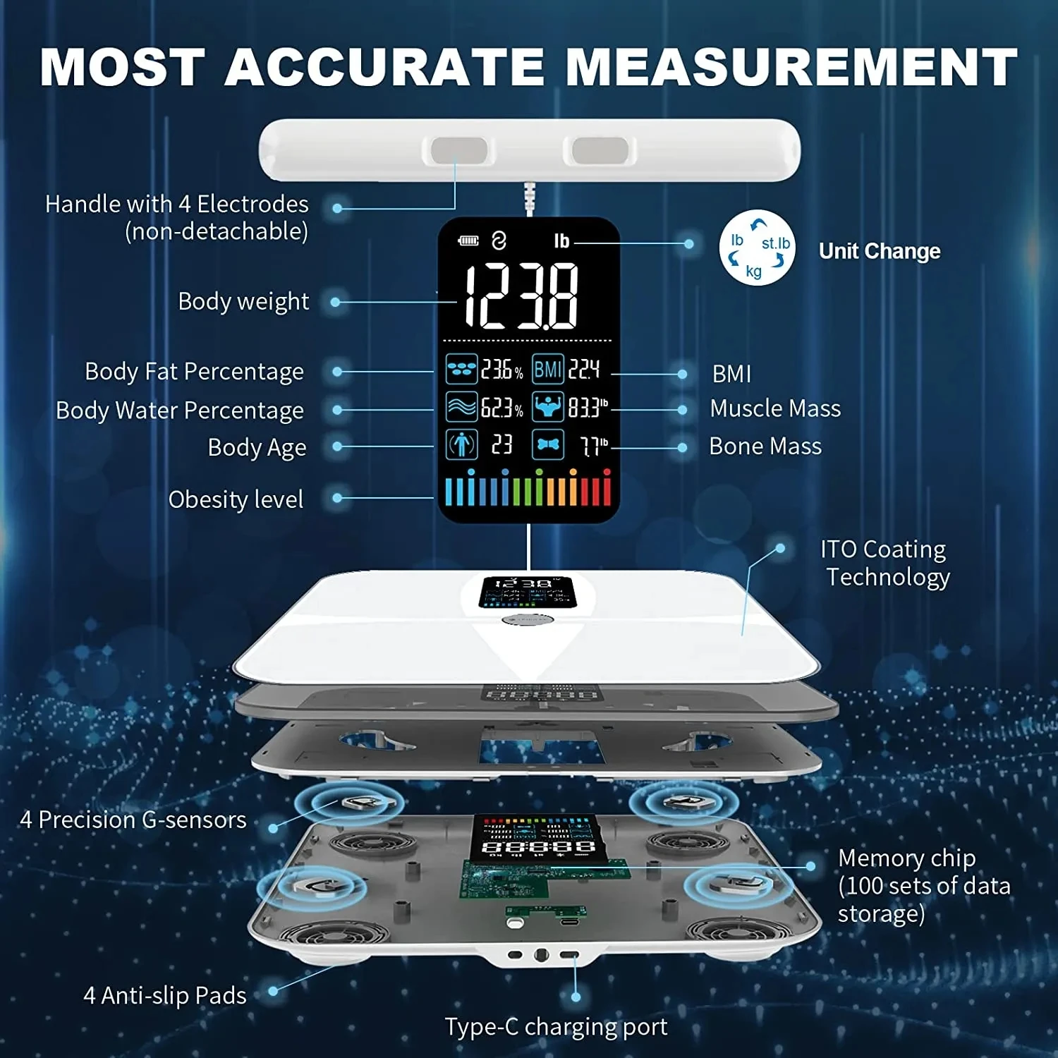 

Smart Bluetooth Screen Bezel Professional Eight-Electrode Body Fat Scale Fat Weighing Measuring Instrument Home Body HeavyWeight