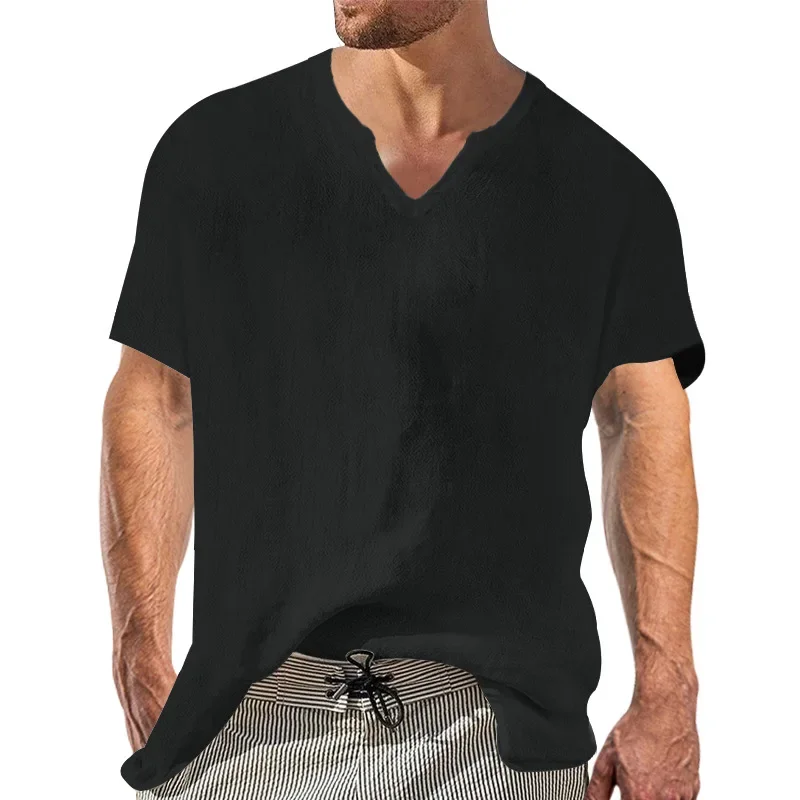 

Summer Linen Men's Shirts V-neck Short Sleeved Shirt Casual Fashion Cotton Linen Shirt T-shirt Top Men's Clothing