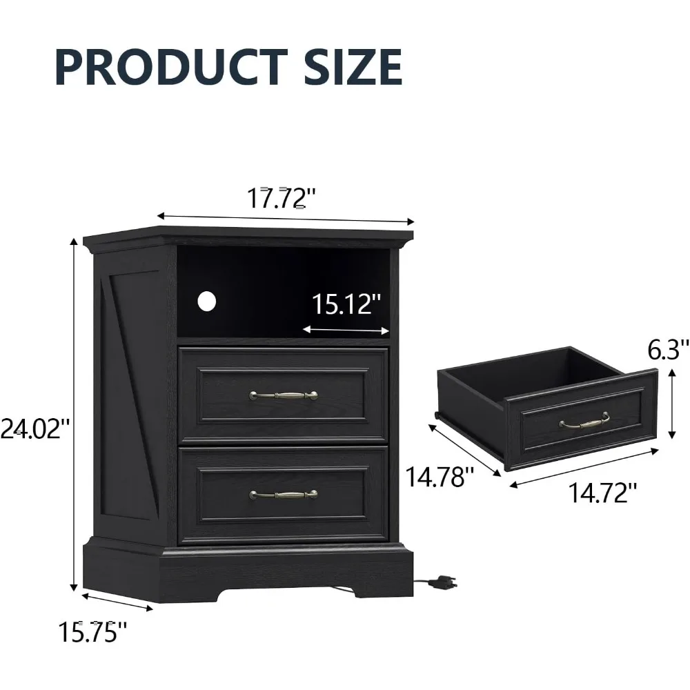 Farmhouse Nightstand with Charging Station, Side Table with 2 Storage Drawers, Rustic Wood Night Stand with Metal Handle 2