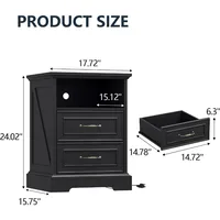Farmhouse Nightstand with Charging Station, Side Table with 2 Storage Drawers, Rustic Wood Night Stand with Metal Handle 2