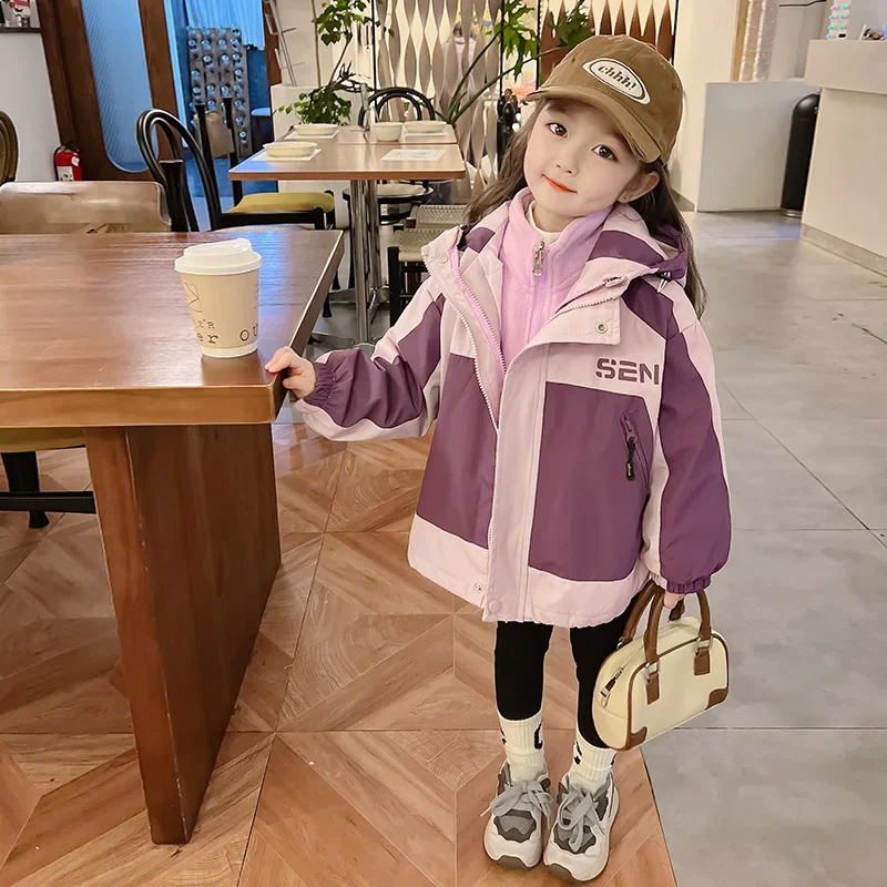 Children's Outdoor Jacket Set Fashion Casual Girls Hooded Hiking Jacket Removable Padded Warm Lining 2pcs Camping Climbing Coat