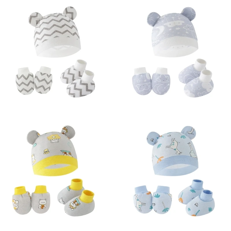 3pcs/set Cotton Newborn Cap with Anti Scratch Mittens and Foot Cover Infant Warm Headwear Baby Gloves with Socks Set 4