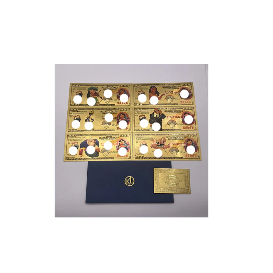 

6 models anime Lilo gold plated banknote Cute cartoon commemorative cards for kids birthday gifts