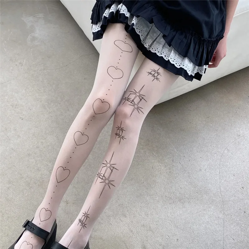 Description Picture 5 of itemJapanese Kawaii Lolita Tights Star Heart Printing Tattoo Thigh High Stockings Pantyhose Women Sweet Girls White Tights Women