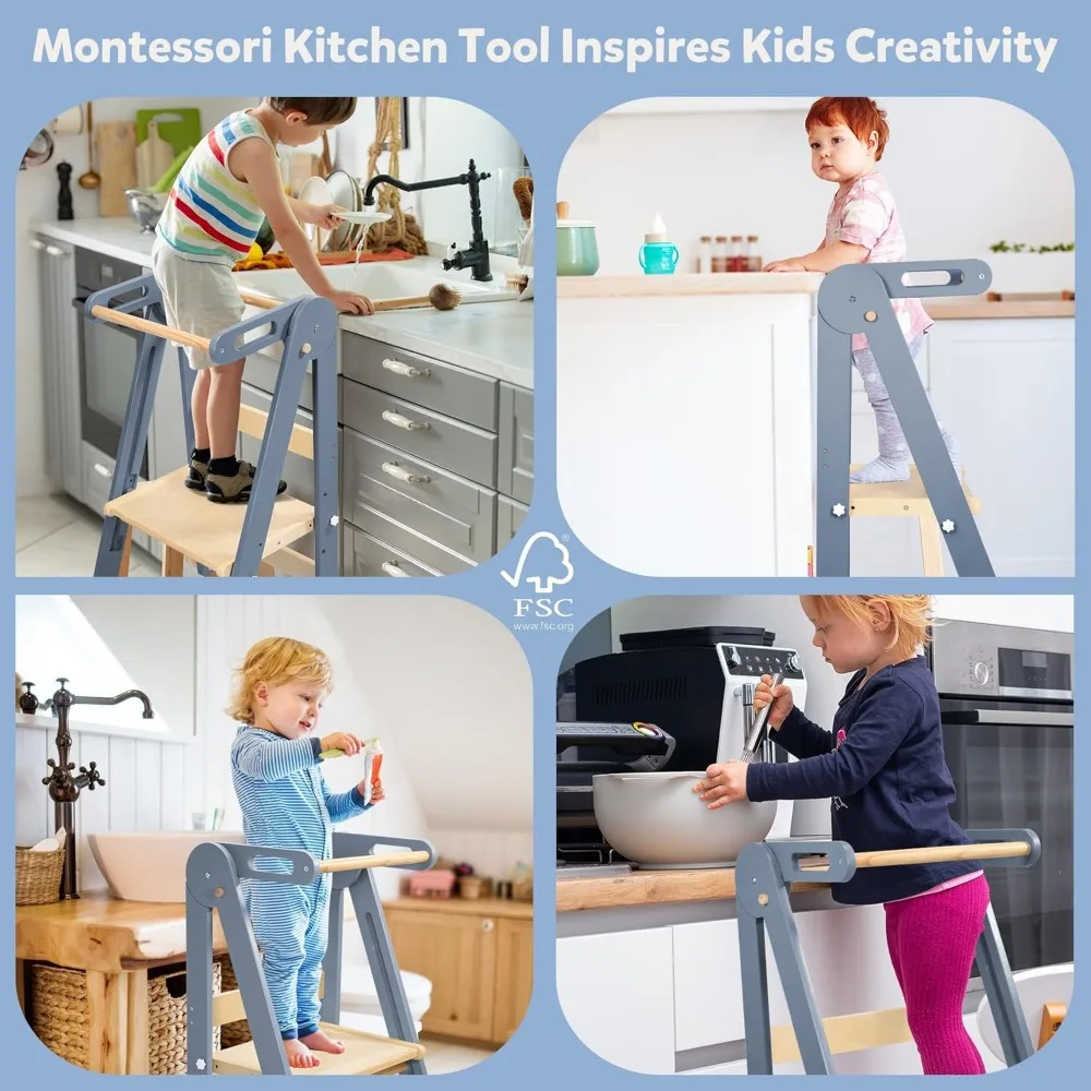 Foldable Wooden Step Stool for Toddlers, Adjustable Height Montessori Learning Tower with Safety Rail & Hook