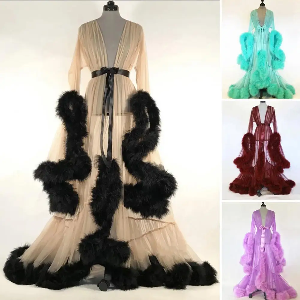 Women Summer Kimono Dress Sheer Tulle V-Neck Long Sleeves Floor-Length Night-Robe  Wedding Night Honeymoon Bathrobe Nightdress