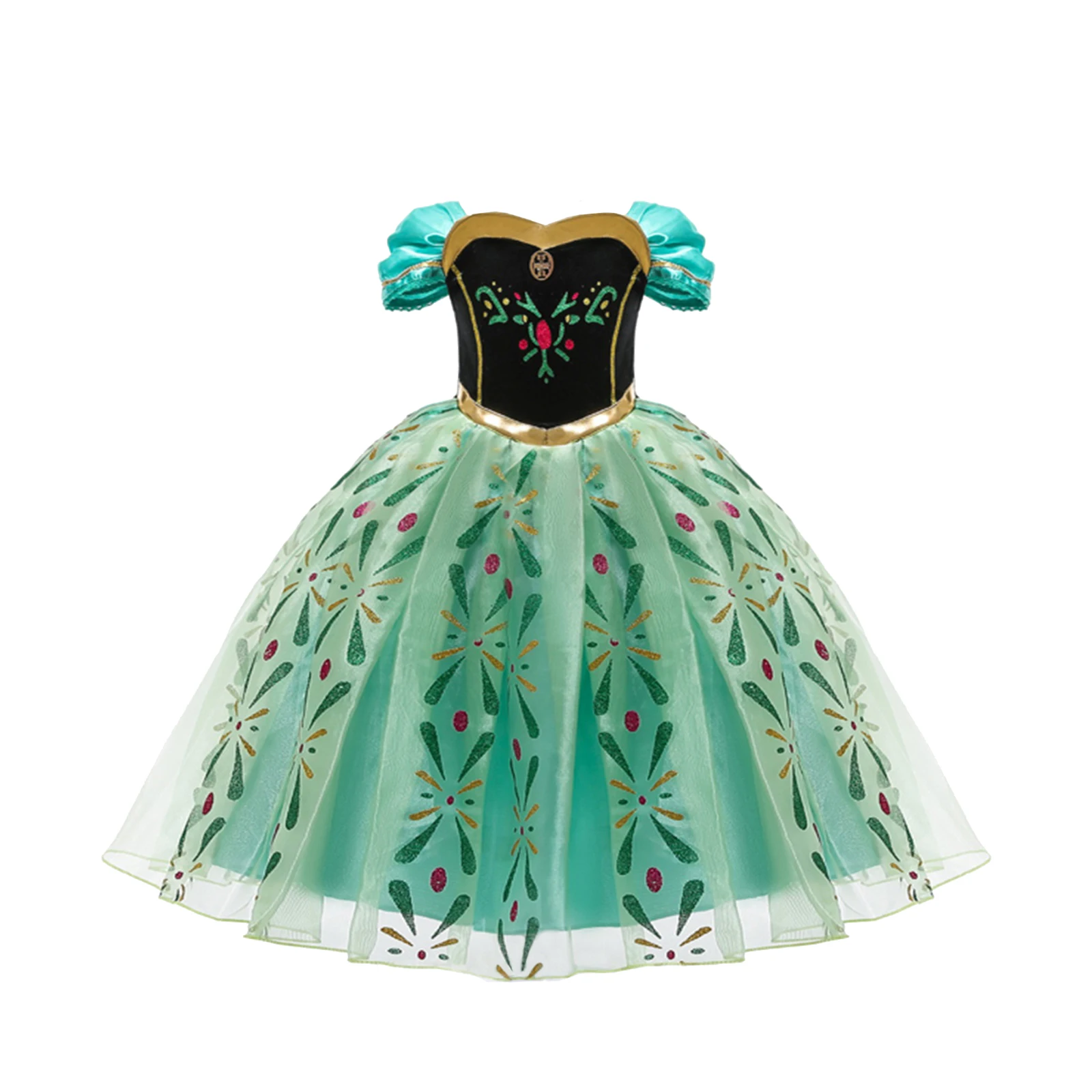 Abo da principessa verde Anna Frozen per ragazze, ricamo per bambini, fiore, costume da festa, materiale a rete, maniche corte, di media lunghezza per la bellezza  1501