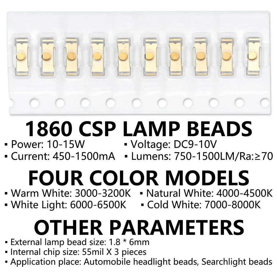 50 Stück hohe Helligkeit 55 mil CSP 1860 LED Auto-Scheinwerfer-Lampenperlen warmweiß/natürliches Weiß/Weiß/kaltweißes Licht 10–15 W DC9–10 V – Detail 1