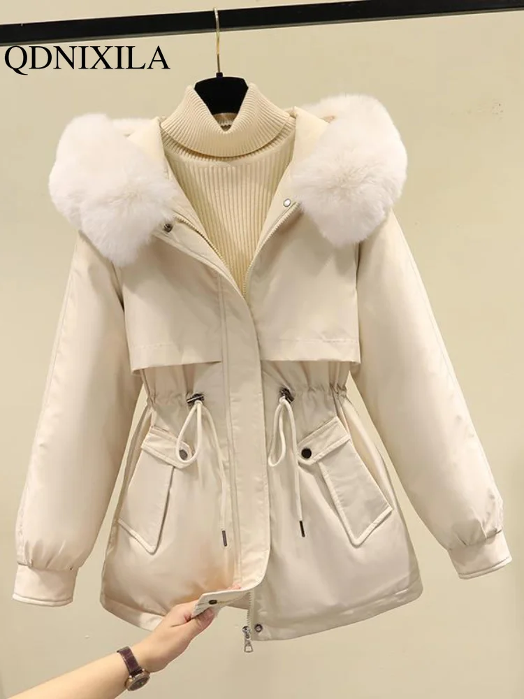 

Women's Jacket Parkas ded Long Sleeved Zipper Mid Length Plush Thick 2023 Winter New in Korean Version Loose Casual Coat