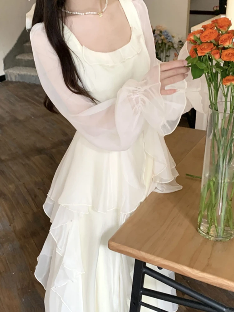 

Бежевое длинное платье, женское летнее платье с длинным рукавом, элегантные женские платья в французском стиле, женские милые платья с оборками и сказочным верхом