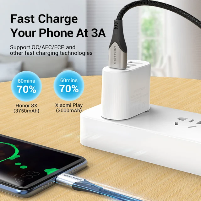 Vention Micro USB Cable 3A  Nylon Fast Charger USB Type C Data Cable for Samsung Xiaomi LG Android Micro USB Mobile Phone Cables 2
