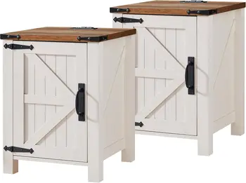 Farmhouse Nightstand Set of 2 with Charging Station, 18' Rustic End Table, Barn Door Cabinet, Adjustable Shelf, Antique White 1