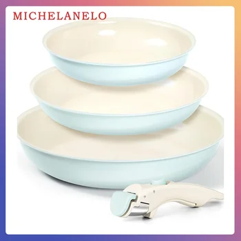 MICHELANGELO 3 pz/set Padella Antiaderente con Manico Rimovibile Rivestimento In Ceramica Padelle A Induzione Bistecca Frittata Padella Forno Sicuro 1