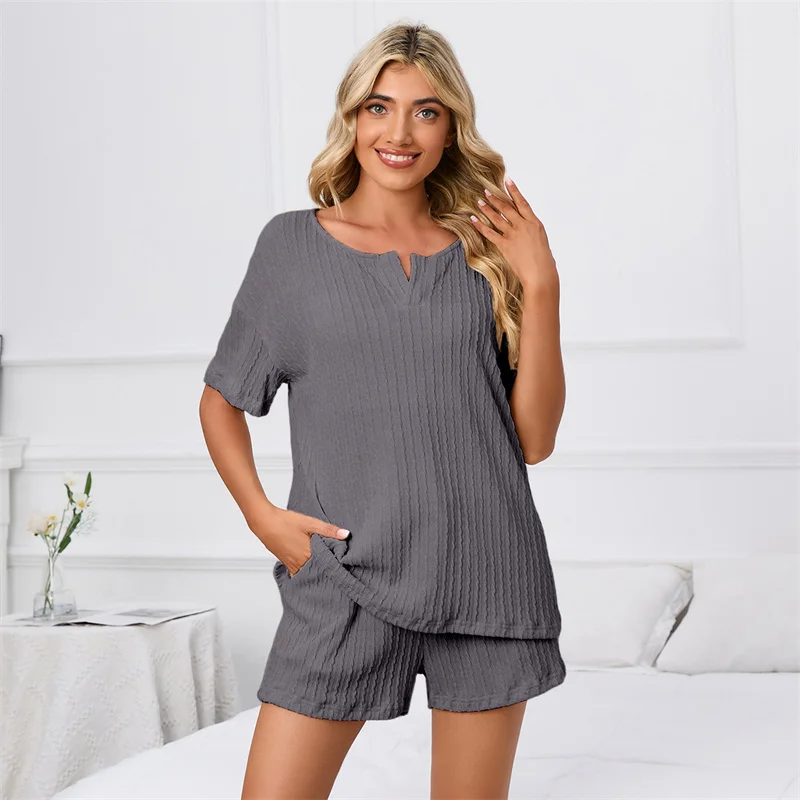 Spring Summer Women's Pajamas Set Solid V-Neck Short Sleeve Shorts Casual Sleepwear Comfortable Loose Fitting Home Clothing
