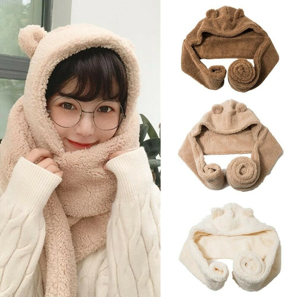 Fashion Cute Bear Plush Novelty Beanies Caps Hat Scarf Set Ear Hat