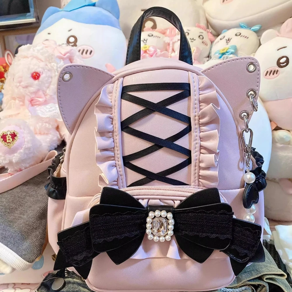 Korean Fashion Y2k Punk Backpack Lace Bow Cat Ear Lotus Lace Decoration Lolita Backbag PU Leather Large Capacity Women Backpack
