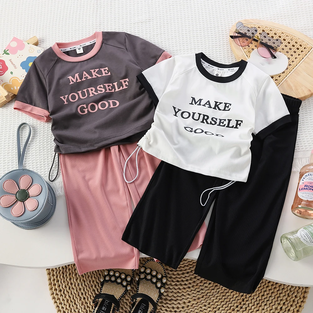 

Летние комплекты детской одежды, футболка на шнуровке и свободные брюки для девочек, футболка с коротким рукавом и принтом букв, комплект из 2 предметов