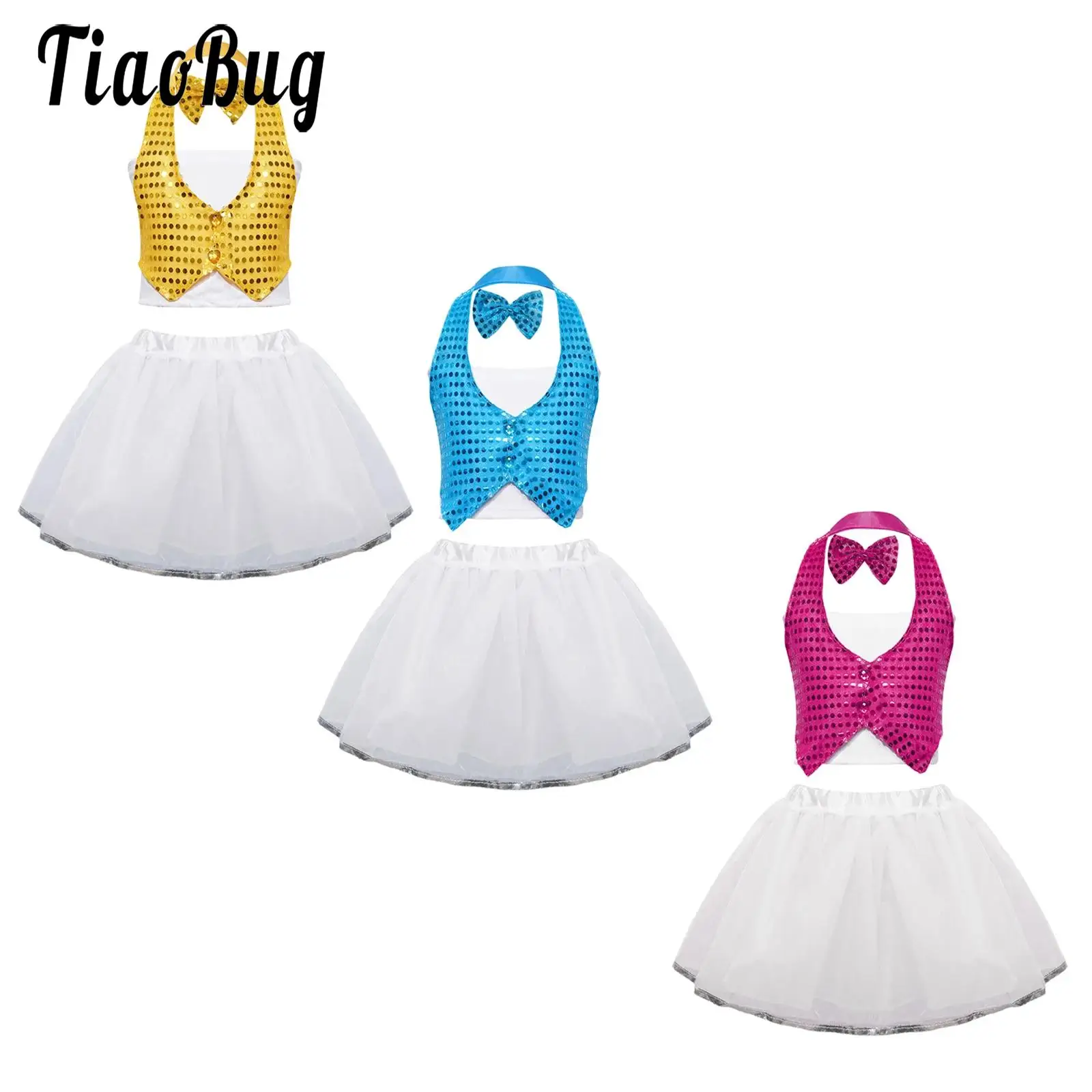 

Kids Girls Ballet Dance Outfits Chacha Childrens Day Performance Costume Sequin Halter Self-Tie Vest Tube Top and Tutu Skirt Set