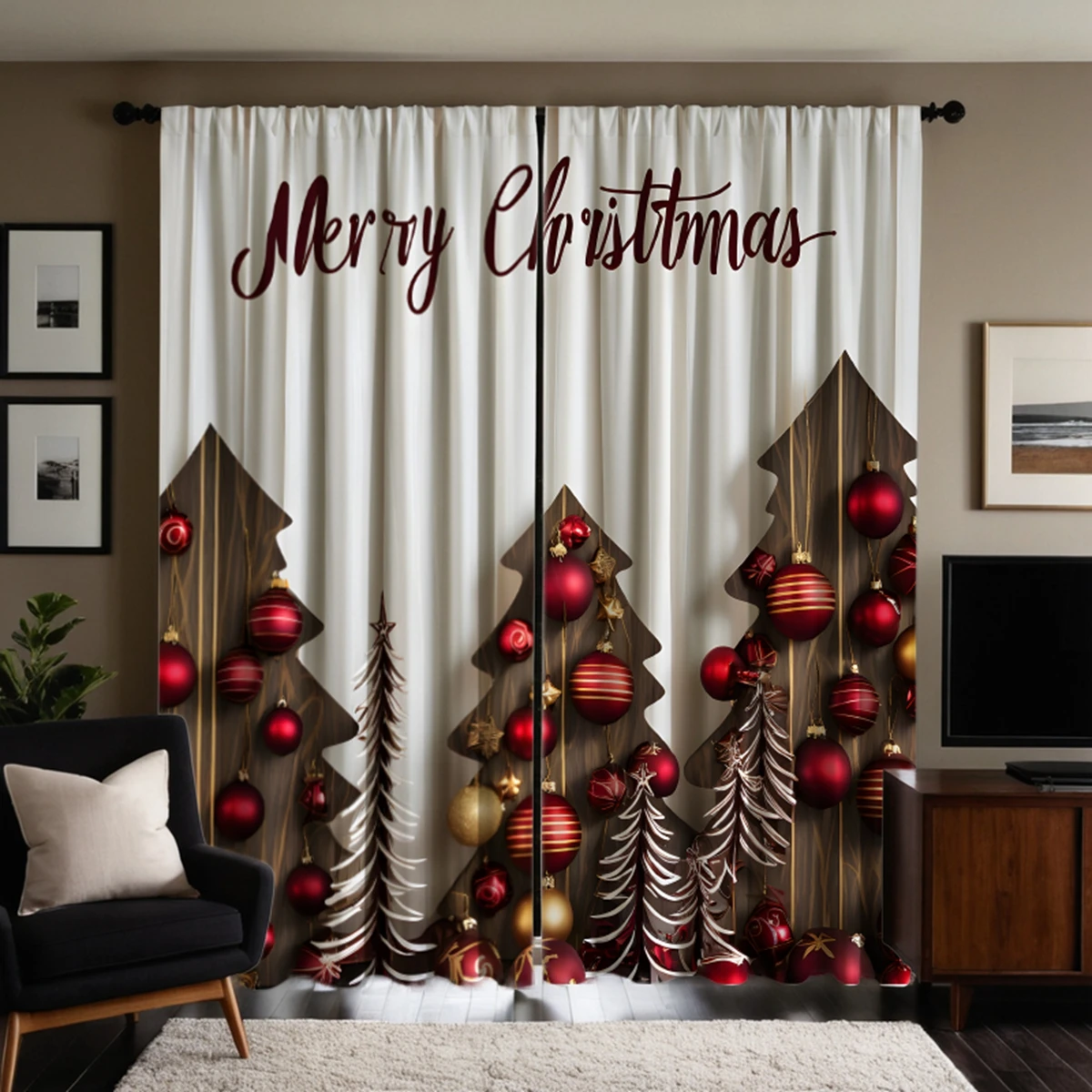 2-piece HD digital red tie Christmas ball Christmas tree curtain Home decoration style decoration living room bedroom wear rod c 5