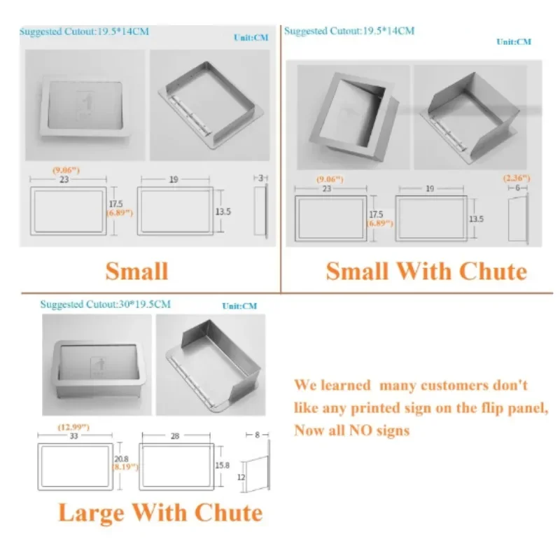 1Piece 304 Stainless Steel Rectanglar Side Mount Trash Chute With Hinged Inward Flip Panel Lid for Kitchen Bath Commerical 3