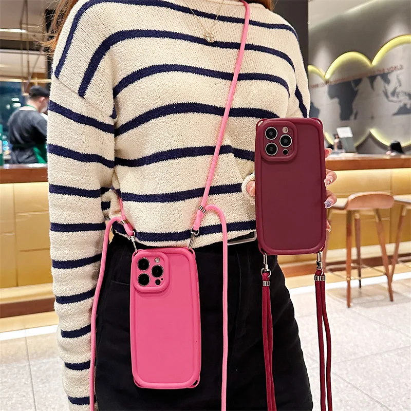 Crossbody Lanyard Case For iphone 15 14 13 12 11 Pro Max XS X XR 8 7 Plus SE 2 3 Shockproof Solid Color Silicone Soft_voghion.com