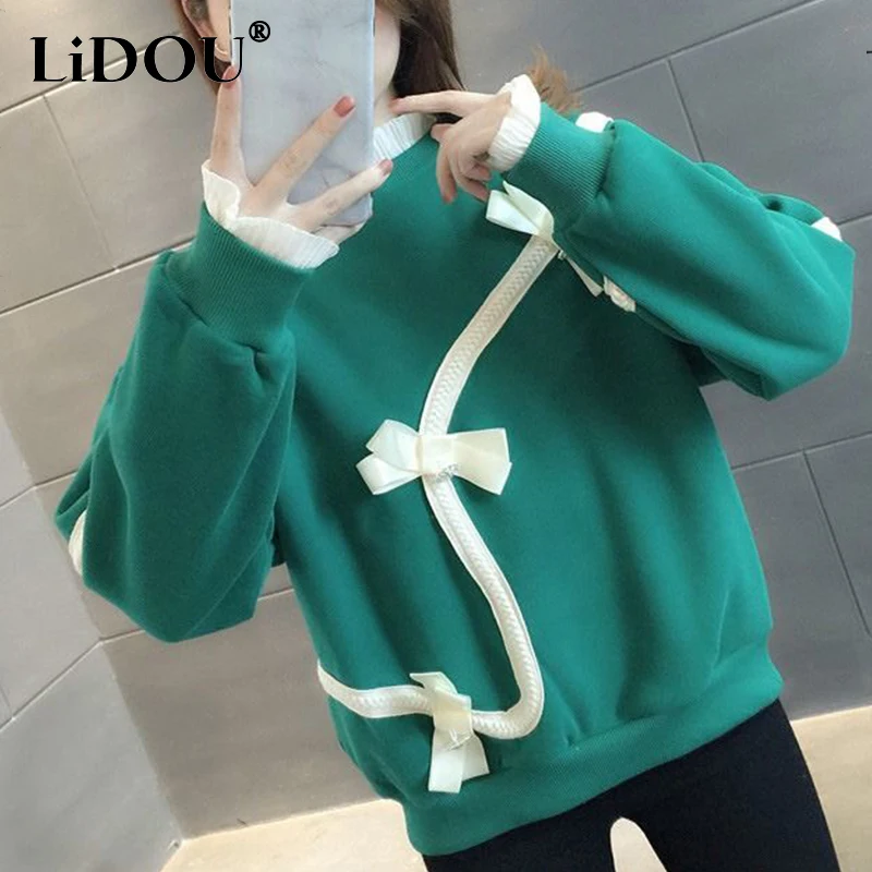 Autumn Winter Women\'s Sweet Patchwork Fake Two Piece Sweatshirt Lady Loose Casual Vintage All-match Pullover Top Female Clothes