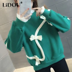 Autumn Winter Women's Sweet Patchwork Fake Two Piece Sweatshirt Lady Loose Casual Vintage All-match Pullover Top Female Clothes