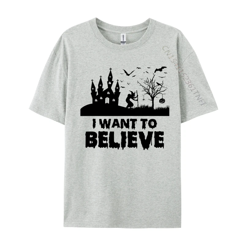 Custom Personalized T-Shirt Discount Father Day Short Sleeve Crewneck Tops Tees 100% Cotton Men Printed On Tees Funny Halloween Tees I Want To Believe gray