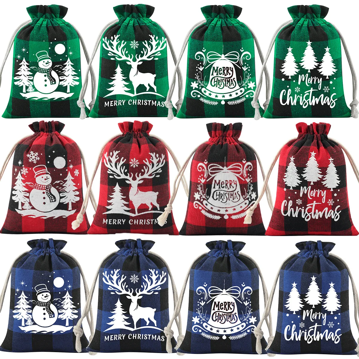 Christmas Plaid Cotton Drawstring Pouch Christmas Candy & Cookie Storage Pouch Christmas Gift Bag Jewelry Packaging Bag