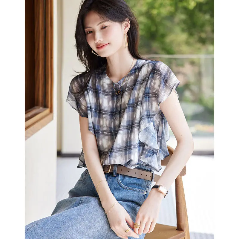 2023 Summer New Round Neck Short Ruffle Sleeves Shirts High Quality Chiffon Design Casual Women\'s Single-breasted Blouse