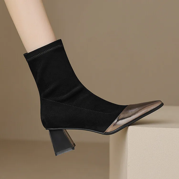 

Classical Design Women Apricot Short Sock Boots Pointed Toe Elastic Suede Ankle Booties 5cm Square High Heels Black Autumn Botas