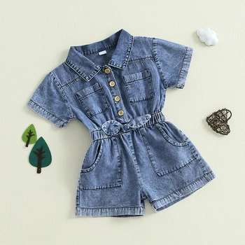 1-5Y Girls Kids Denim Overalls Shorts Short Sleeves Turn Down Collar Button Down Elastic Waist Jean Romper Jumpsuits Clothes 1