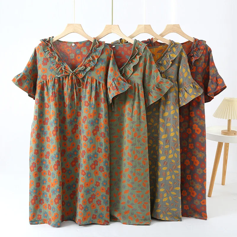 فستان بيجامة من القطن الخالص بأكمام قصيرة للنساء من قماش الجاكار المصبوغ  قطعة واحدة ملابس نوم بأكمام قصيرة ثوب نوم فضفاض