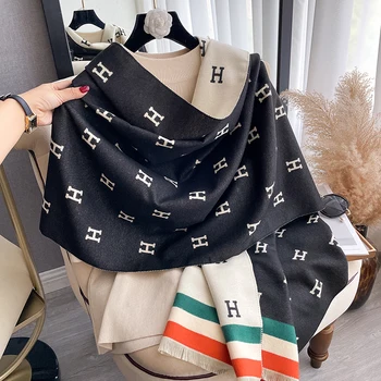 Double Sided Letter Tassel Scarf Mature Imitation Cashmere Warm Shawl Autumn Winter Office Coldproof Windproof Wrapped Scarf