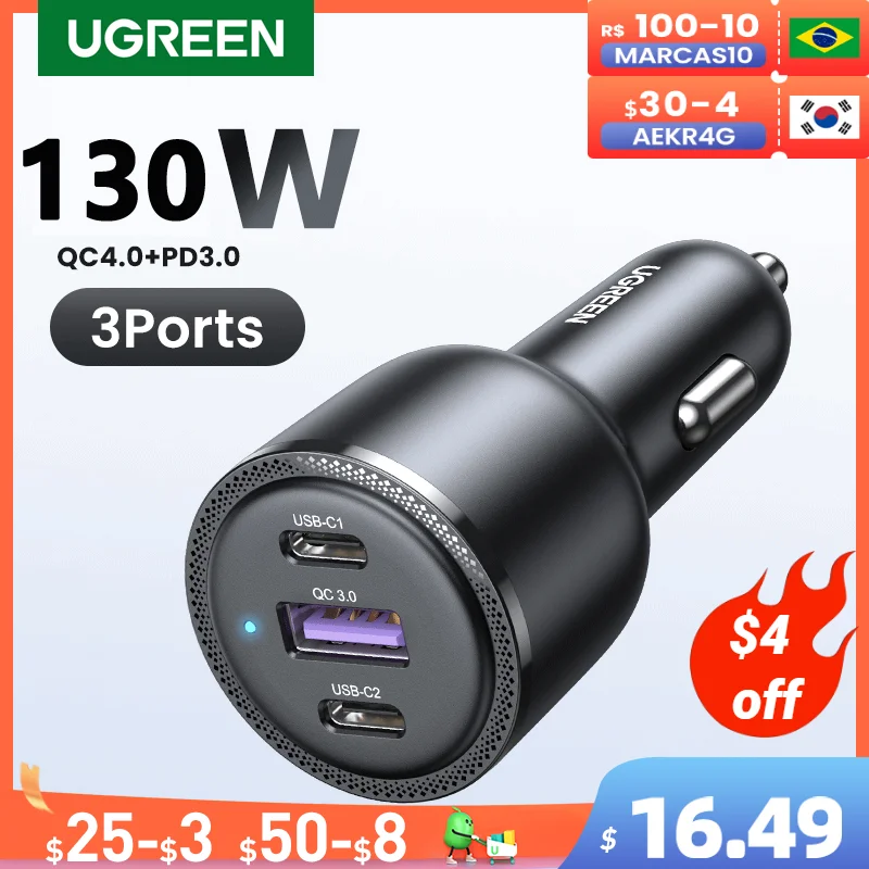  【New-in】UGREEN 130W Car Charger Quick 4.0 3.0 PD Fast Charging USB Type C Phone Charger for iPhone 14 13 12 Pro Laptop Tablet 