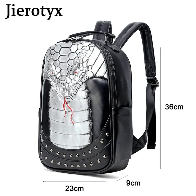 JIEROTYX Personalized 3D Snake Studded PU Leather Casual Laptop Backpack School Bag Gothic Vintage Rivet Travel Bags for Women